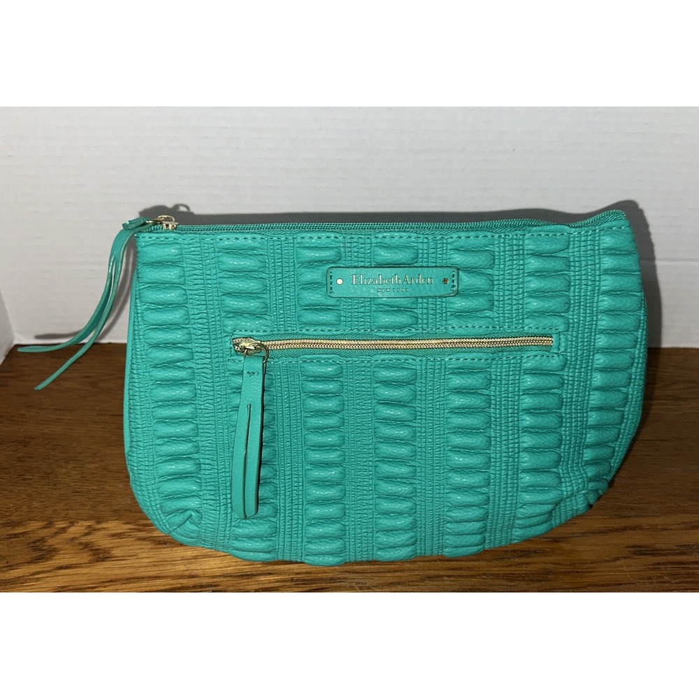 ELIZABETH ARDEN New York Green Clutch Medium Cosmetic Bag Pouch Exterior‎ Pocket